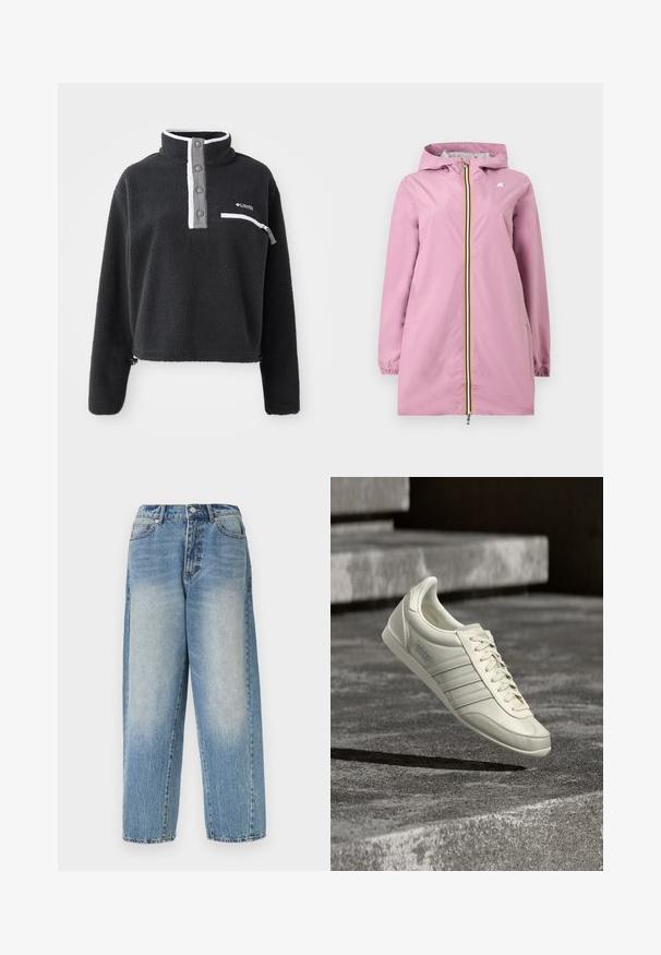 Lyserød regnjakke til kvinder med hætte, frontlynlås med gule, hvide og marineblå striber samt elastiske manchetter på lange ærmer.; Sort fleece pullover med halv lynlås krave, der har en brystlomme og kontrasterende hvide og grå detaljer. Blød tekstur, cropped design.; Lyseblå højtaljede denimjeans med lige ben, forlommer og knaplukning, med falmede områder på lår og knæ.; Hvid Adidas-sneaker med snørebånd og striber, svævende i luften over en tekstureret stenovertflade og trin i gråtonede omgivelser.
