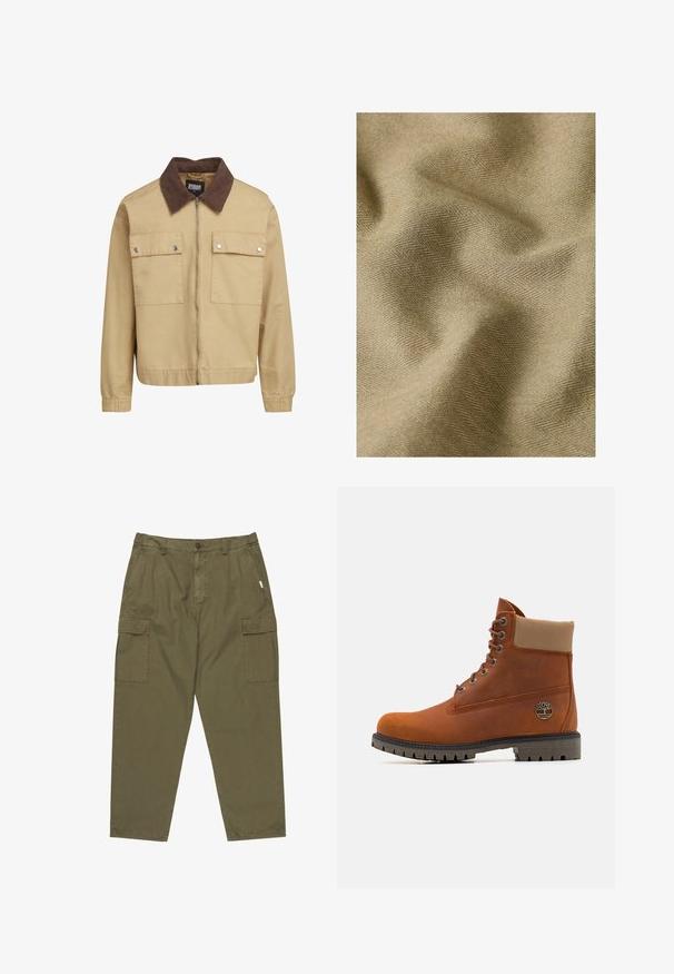 Beige zip-up jakke med brunt fløjls krave, to frontlommer med klap og trykknapper samt lange ærmer.; Beige stof med fint fiskebenmønster og bløde folder, der skaber subtile skygger og tekstur.; Olivenfarvede cargo bukser lavet af bomuld, med knaplukning foran, sidelommer og to store cargo lommer på lårene.; Timberland Snørestøvletter - medium orange