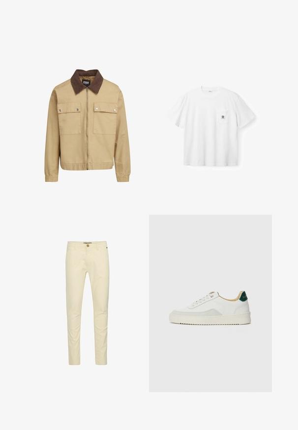 Veste zippée beige avec col en velours côtelé marron, deux poches à rabat avant avec boutons-pression, et manches longues.; T-shirt blanc à manches courtes avec col rond et une poche poitrine ornée d'un petit logo noir et du nom de la marque sur la poche.; Chinos en coton beige avec une coupe slim, dotés d'une fermeture à bouton et d'un subtil détail de couture sur les poches. Texture lisse avec une finition polie.; Baskets blanches avec des accents en daim, bout arrondi, lacets plats et semelle en caoutchouc crème. Présente une marque verte sur le talon.