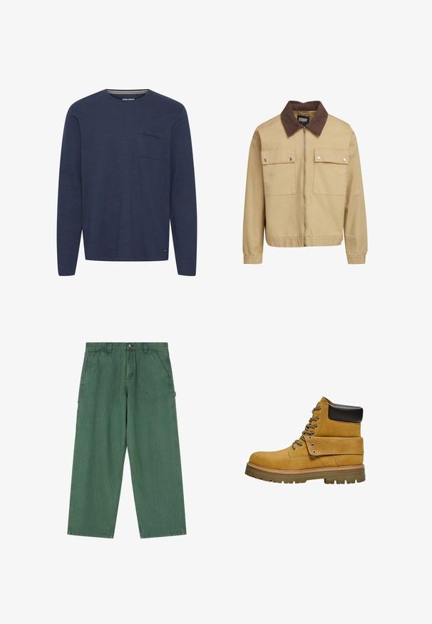 Beige zip-up jakke med brunt fløjls krave, to frontlommer med klap og trykknapper samt lange ærmer.; Mørkeblå langærmet skjorte lavet af struktureret stof, med en brystlomme og en rund halsudskæring med en diskret stribet detalje indeni kraven.; Grønne bukser med vide ben og subtile lodrette striber, forlommer, bæltestropper, knaplukning og en sideløkke detalje på højre ben.; Tanfarvet arbejdsstøvle med sort polstret krave, snørelukning foran, nedfoldelig flap fastgjort med metaløjer og tyk gummisål med dybt mønster.
