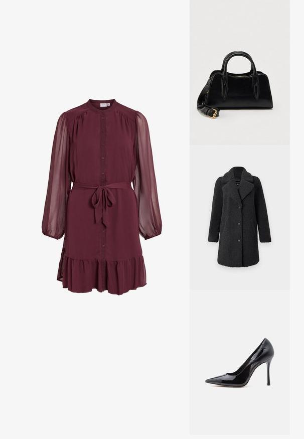 Vero Moda Teddy VMKYLIE - Talvemantel - asphalt; Pika varrukaga burgundi värvi kleit, ees nööpidega, läbipaistvate punnis varrukatega, vöökohal paelaga ning krookelõikega.; Mustad kõrge kontsaga kingad terava varba, läikiva lakknahast viimistluse ja külgedel olevate lõikekujudega, millel on stiilne kitsekonts.; Mustast nahast käekott kahekordsete käepidemete ja kuldse pandlaga eemaldatava õlarihmaga, valgel taustal.