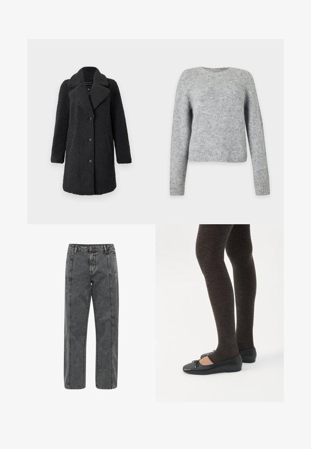 Vero Moda Teddy VMKYLIE - Talvemantel - asphalt; Helehall heegeldatud kampsun pikkade varrukatega ja ümmarguse kaelusega, kuvatud ühelainsal valgel taustal.; Hallid teksased sirge lõikega, kontrastsete õmbluste ja klassikalise tõmblukuavaga. Viie taskuga stiil, kerge kulumisega.; Jalad seljas tumedad soonelises soonelises kombines mustade baleriinadega, millel on väikesed paelade detailid valgel taustal.