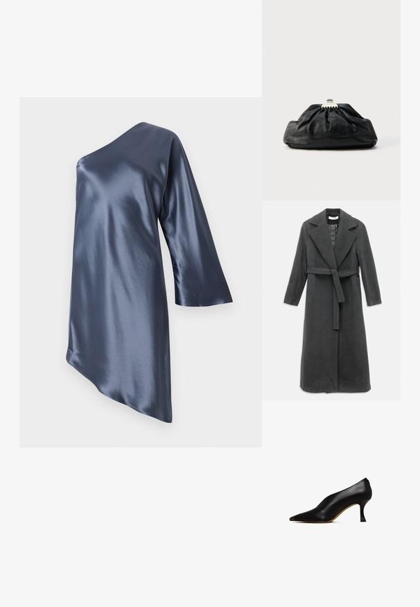 Mørkegrå uldfrakke med en flænset krave, lange ærmer og en bælte i taljen. Har en lige snit og glat tekstur.; Asymmetrisk satin kjole i mørk navy, med én langærmet og en glat, blank tekstur med en skrå nederkant.; Sorte læder højhælede sko med spids tå og en slank, buet hæl. Har en glat tekstur og et minimalistisk design.; Sort læderclutch med en samlet tekstur, metal lukning og diskret præget logo på forsiden. Rundet form.