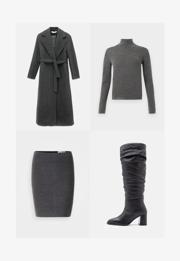 Mørkegrå uldfrakke med en flænset krave, lange ærmer og en bælte i taljen. Har en lige snit og glat tekstur.; Grå turtleneck sweater lavet af blødt materiale, med lange ærmer og en tætsiddende silhuet. Glat tekstur med minimal detaljering.; Grå uld blyantskirt med en glat tekstur og tætsiddende design, med en diskret talje og uden synlige udsmykninger.; Sorte læderknæhøje støvler med et slouchy design, spidse tæer og en kraftig blokhæl. Har en glat tekstur med minimale accenter.