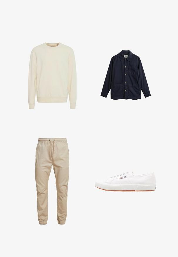 Mørkeblå knap-op jakke med tre forlommer og en klassisk krave, vist på en hvid baggrund.; Lys beige sweatshirt, rund hals, lange ærmer, blød stof, ribbede manchetter og kant, sidesplitter for lettere bevægelse, minimalistisk design.; Beige elastiske bukser med drawstring, forlommer og elastiske manchetter, lige pasform, casual stil.; Hvide kanvas sneakers med gummisål, snørebåndsdesign og et lille logo mærke på siden. Tekstureret hvid overdel og brun ydersål.