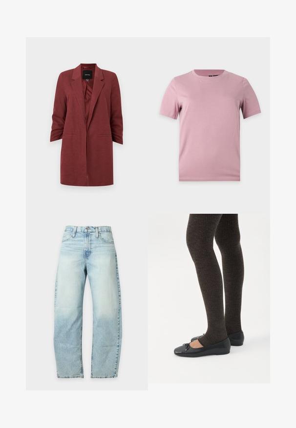 Dames lange bordeauxrode blazer met steekrevers, twee voorzakken met schuine opening, licht gerimpelde mouwen en een gladde satijnen voering aan de binnenkant.; Effen zachtroze katoenen T-shirt met korte mouwen en ronde halslijn, weergegeven op een vlakke lichtgrijze achtergrond.; Lichtblauwe vervaagde spijkerbroek met rechte pijpen, sluiting met knoop en rits aan de voorkant, riemlussen en voorzakken.; Benen met donkere geribbelde leggings gecombineerd met zwarte ballerina's met kleine strikdetails op een witte achtergrond.