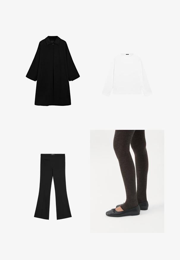 Sort lang frakke med vide ærmer, lukning med enkelt knap ved kraven og skjult forstykke, med to sidelommer og lige kant forneden.; Hvid langærmet sweatshirt med rund hals, lige kant og et lille sort mærke ved halsudskæringen på en ensfarvet baggrund.; Sorte højtaljede bukser med let flare, front sømdetalje og en lille lynlåslomme på venstre side.; Ben iført mørke ribbede leggings kombineret med sorte balletsko med små sløjfedetaljer på hvid baggrund.