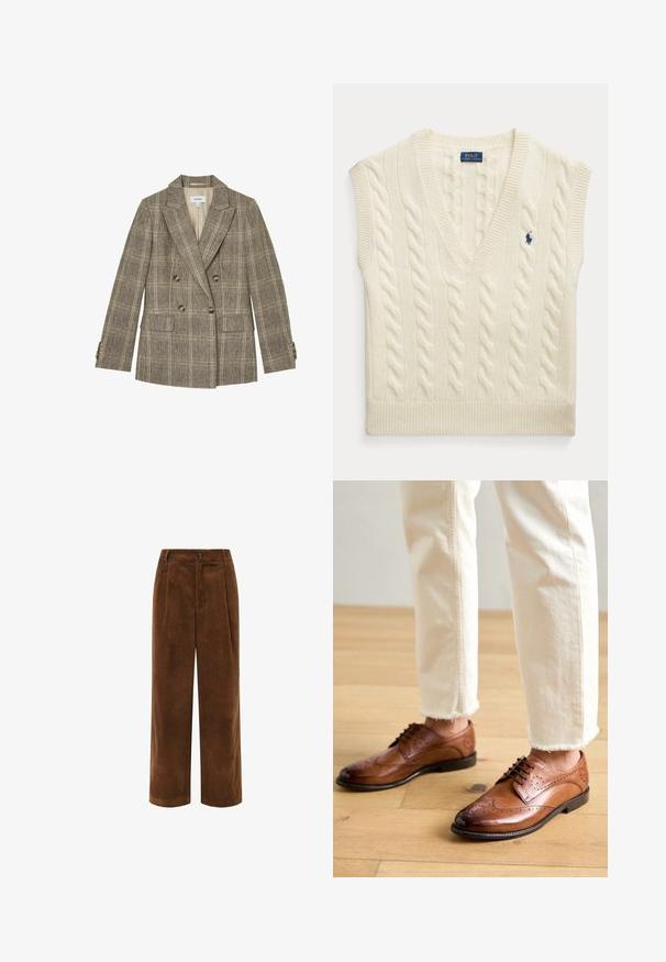 Bruine geruite dubbelgeknoopte blazer met opstaand revers, vier knopen aan de voorkant, twee klepzakken en knoopmanchetten.; Mouwloos kabelgebreid truitje in crèmekleur met V-hals en klein donkerblauw Polo Ralph Lauren-logo op de borst.; Bruine corduroy wijdgerande broek met een gestructureerd oppervlak, geplisseerde voorkant en een ritssluiting. Voorzien van een klein merklabel op de tailleband.; Bruine leren brogueschoenen met geperforeerde details, ronde neus en een gladde afwerking, gecombineerd met crèmekleurige broek met franje aan de onderkant.