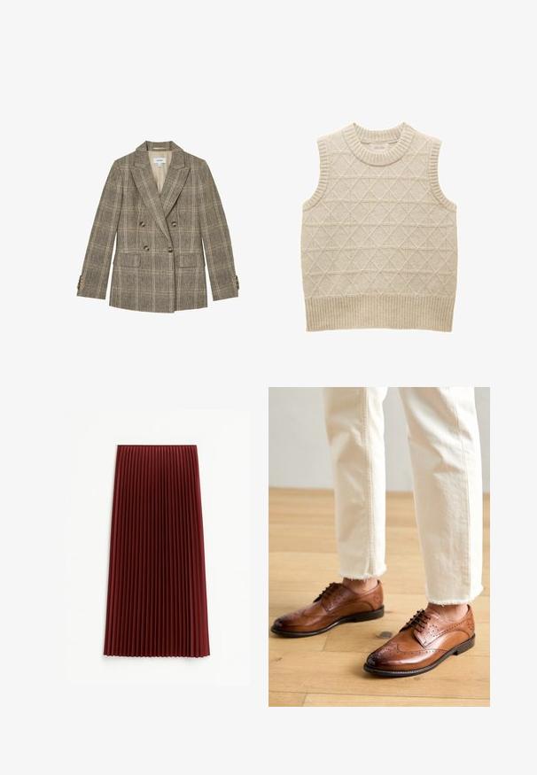 Blazer marrón de cuadros con doble botonadura, solapas con muescas, cuatro botones en la parte delantera, dos bolsillos con tapeta y puños con botones.; Suéter sin mangas de punto beige con patrón de diamantes, cuello y dobladillo acanalados, hecho de un material suave para mayor comodidad. Etiqueta de la marca visible en el interior.; Falda midi plisada en rojo profundo, con un tejido texturizado y pliegues verticales uniformemente espaciados. El dobladillo llega aproximadamente a la mitad de la pantorrilla.; Zapatos brogue de cuero marrón con detalles perforados, punta redondeada y un acabado suave, combinados con pantalones de color crema con dobladillo desflecado.