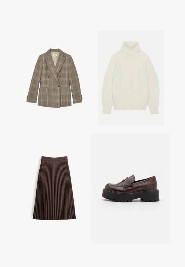 Braun karierter, zweireihiger Blazer mit Kerbkragen, vier Knöpfen vorne, zwei Klappentaschen und geknöpften Manschetten.; Turtleneck-Pullover in Creme, aus weichem Strickmaterial gefertigt. Verfügt über einen lockeren Schnitt, Raglanärmel sowie gerippte Bündchen und Saum.; Plissierter Midirock in Dunkelbraun aus strukturiertem Material mit hohem, markengeprägtem Bund. Verfügt über vertikale Falten für eine fließende Silhouette.; Madden Girl CALISTA - Slipper - brown