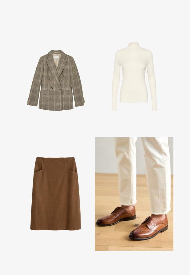 Blazer marrón de cuadros con doble botonadura, solapas con muescas, cuatro botones en la parte delantera, dos bolsillos con tapeta y puños con botones.; Top de manga larga blanca tipo cuello alto, hecho de una tela suave con forma ajustada, que presenta un cuello alto y un diseño minimalista.; Falda de algodón marrón con cintura ajustada, dos bolsillos laterales y corte recto. La tela tiene una textura suave y un brillo sutil.; Zapatos brogue de cuero marrón con detalles perforados, punta redondeada y un acabado suave, combinados con pantalones de color crema con dobladillo desflecado.