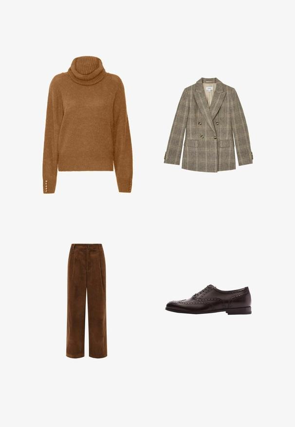 Veste marron à carreaux croisée avec revers crantés, quatre boutons à l'avant, deux poches à rabat et poignets boutonnés.; Pull à col roulé marron avec une finition douce et texturée et des manches longues. Présente des accents semblables à des perles sur les poignets.; Pantalons en velours côtelé brun à jambes larges avec une surface texturée, un devant plissé et une fermeture éclair. Présente une petite étiquette de marque sur la taille.; Chaussure habillée en cuir marron avec des détails de brogue, fermeture à lacets, bout arrondi et un petit talon empilé. Fini poli et perforations complexes.
