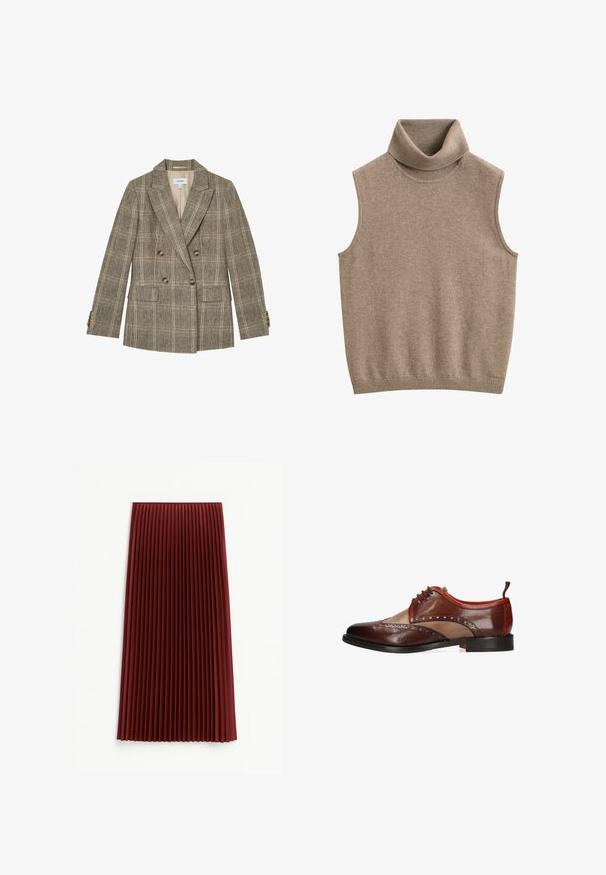 Bruine geruite dubbelgeknoopte blazer met opstaand revers, vier knopen aan de voorkant, twee klepzakken en knoopmanchetten.; Mouwloos beige gebreid coltrui-vestje met ribbelige hals en zoom, gemaakt van zachte stof.; Plissé midi-rok in diep rood, met een gestructureerde stof en gelijkmatig verdeelde verticale plooien. De zoom valt rond de middenkuit.; Bruine leren herenschoenen in twee tinten met brogue-details, vetersluiting en zwarte zool, zijaanzicht op witte achtergrond.