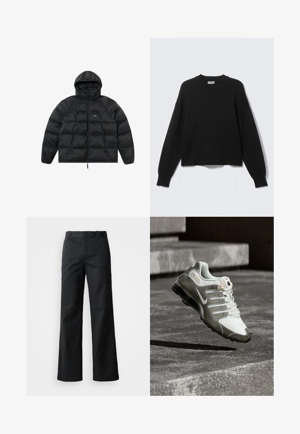 Sort pufferjakke med hætte, der har et quiltet design, frontlynlås og sidelommer. Materialet har en skinnende overflade.; Sort strikket sweater med rund halsudskæring, sænkede skuldersømme samt ribbede manchetter og kant. Enkel og ensfarvet design uden mønstre.; Sorte bredbuks i et glat stof. Har en knaplukning, bæltestropper og sidelommer. Ren, skræddersyet silhuet.; Hvid og grå Nike Shox sneaker med sort sål svævende over betontrin i blødt naturligt lys.