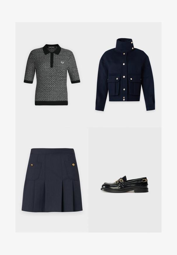 Veste bleu marine foncé avec col montant, boutons-pression dorés sur le devant et deux grandes poches à rabat sur la poitrine.; Polo manches courtes à motif chevron noir et gris avec col, poignets, ourlet noirs et petit logo brodé sur le côté gauche de la poitrine.; Jupe à rayures bleu marine foncé avec des plis à l'avant et deux poches à rabat ornées de boutons dorés de chaque côté.; Mocassins en cuir noir avec une finition brillante, dotés de deux boucles dorées et d'un talon bas. Texture lisse avec un design à bout arrondi.