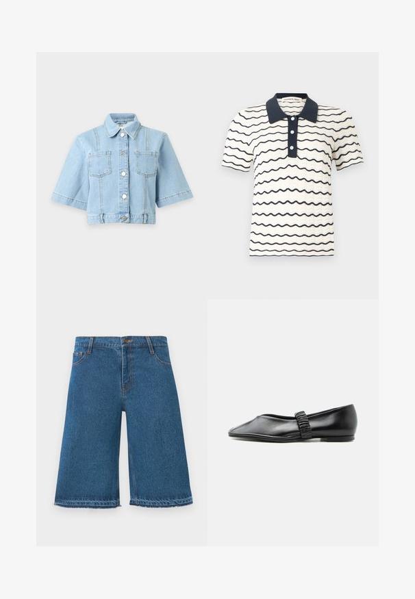 Hellblaue gekürzte Jeansjacke mit kurzen Ärmeln, vorderen Knöpfen, zwei Brusttaschen und einem klassischen Kragen.; Kurzärmeliges cremefarbenes gestricktes Poloshirt mit marineblauen wellenförmigen Streifen, marinefarbenem Kragen, Knopfleiste und dezentem Strukturmuster.; Blaue Jeansshorts bis zum Knie mit ausgefransten Säumen, vorderem Knopf und Taschen auf einem schlichten weißen Hintergrund.; Schwarzer flacher Lederschuh mit gerafftem Riemen über dem Spann und leicht spitzer Spitze, vor einfachem Hintergrund abgebildet.