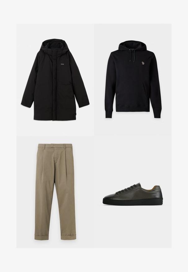 Doudoune noire avec capuche, dotée d'une fermeture éclair à l'avant, de poches latérales et d'un logo discret sur la poitrine. Texture lisse et mate.; Sweat à capuche noir à enfiler avec poche kangourou à l'avant, cordon de serrage ajustable à la capuche et petit logo brodé coloré sur la poitrine gauche.; Pantalon kaki avec plis, en mélange de coton lisse, présentant une coupe droite et des revers roulés à l'ourlet.; Basket basse en cuir gris foncé avec lacets et semelle noirs, design minimaliste, profil latéral sur un fond clair uni.