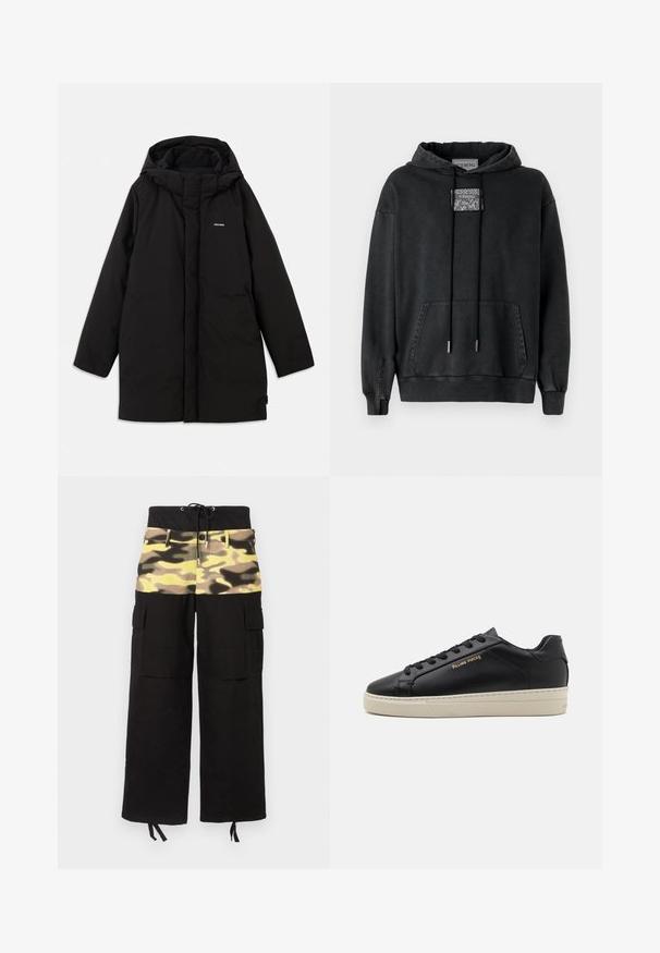 Schwarze Daunenjacke mit Kapuze, vorne mit Reißverschluss, seitlichen Taschen und einem dezenten Logo auf der Brust. Glatte, matte Textur.; Iceberg Kapuzenpullover - nero; Cargo-Hosen aus schwarzem Stoff mit einem Camouflage-Oberteil in verschiedenen Schattierungen von Gelb, Grün und Braun; mit verstellbarem Bund.; Schwarze Leder-Sneaker mit glatter Oberfläche, kontrastierender cremefarbener Sohle, abgerundeter Spitze, goldfarbenem Logo an der Seite und sechs Ösen für die Schnürsenkel.