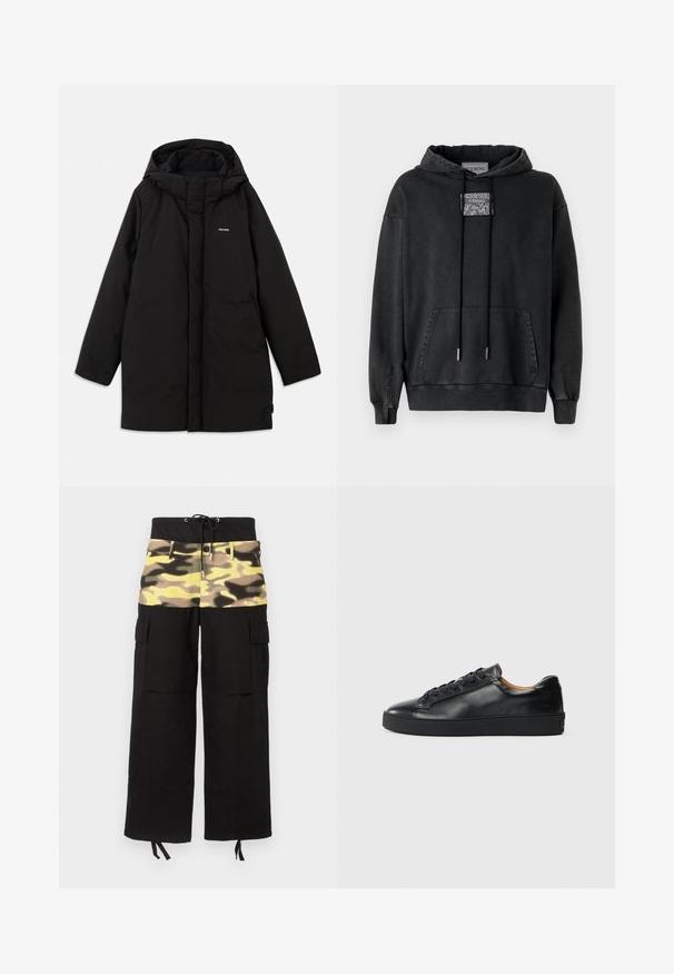 Sort pufferjakke med hætte, der har en frontlynlås, sidelommer og et subtilt logo på brystet. Glat, mat tekstur.; Iceberg Hættetrøje - nero; Cargo bukser med et sort stof og en overdel med camouflage-mønster i nuancer af gul, grøn og brun; inkluderer justerbar talje.; Sorte lædersneakers med en glat overflade, rund tå og snørebåndslukning. Har en tyk gummisål og minimal branddetalje.