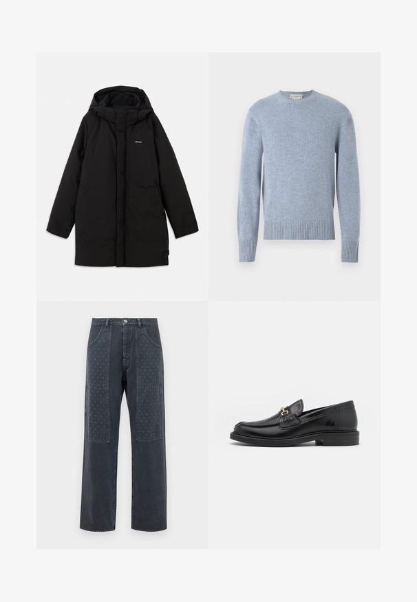 Doudoune noire avec capuche, dotée d'une fermeture éclair à l'avant, de poches latérales et d'un logo discret sur la poitrine. Texture lisse et mate.; Pull en tricot bleu clair avec un col rond, des bords côtes aux poignets et à l'ourlet. Fabriqué à partir de matériaux doux, il présente une texture lisse et une finition subtile.; Jean gris foncé à coupe large, avec des patchs décoratifs à l'avant présentant un motif floral discret et des détails de poches standards.; Mocassins en cuir noir avec un embout rond, présentant des accents en métal doré et des détails de couture, montés sur une semelle en caoutchouc texturé et basse.