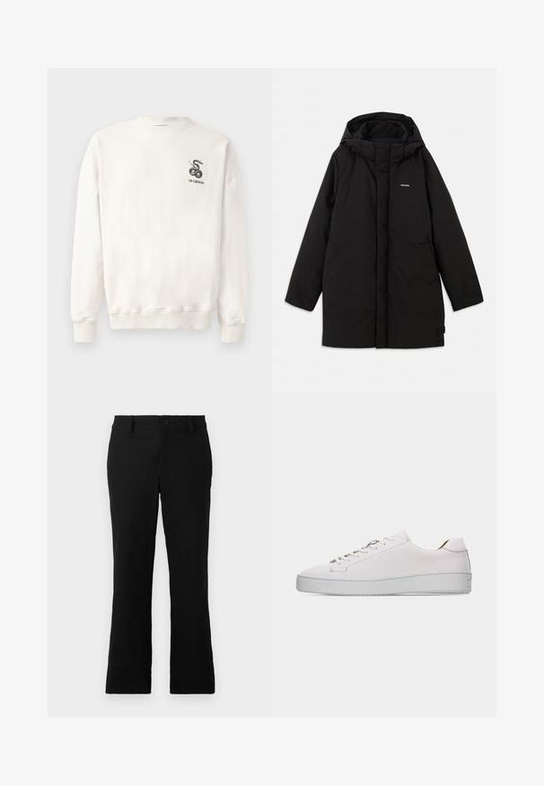 Sort pufferjakke med hætte, der har en frontlynlås, sidelommer og et subtilt logo på brystet. Glat, mat tekstur.; Hvid bomulds sweatshirt med rund halsudskæring, ribbede mansjetter og kant, med et sort slangemotiv og teksten "HAN KJØBENHAVN" på brystet.; Sorte flagrende bukser lavet af en blanding af bomuldsstof, med knaplukning, bælteløkker og en glat tekstur uden synlige mønstre.; Hvid lædersneaker med lavt snit, hvide snørebånd, flad, tekstureret gummisål og minimal syning, vist fra ydersiden på en hvid baggrund.