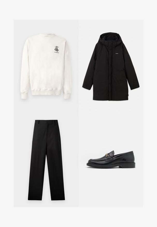 Doudoune noire avec capuche, dotée d'une fermeture éclair à l'avant, de poches latérales et d'un logo discret sur la poitrine. Texture lisse et mate.; Sweatshirt en coton blanc avec col rond, poignets et ourlet côtelés, arborant un graphique de serpent noir et le texte "HAN KJØBENHAVN" sur la poitrine.; Pantalons noirs en coton avec une coupe droite, dotés d'une fermeture à bouton à l'avant et de poches latérales. Texture lisse, sans motifs.; Mocassins en cuir noir avec un embout rond, présentant des accents en métal doré et des détails de couture, montés sur une semelle en caoutchouc texturé et basse.