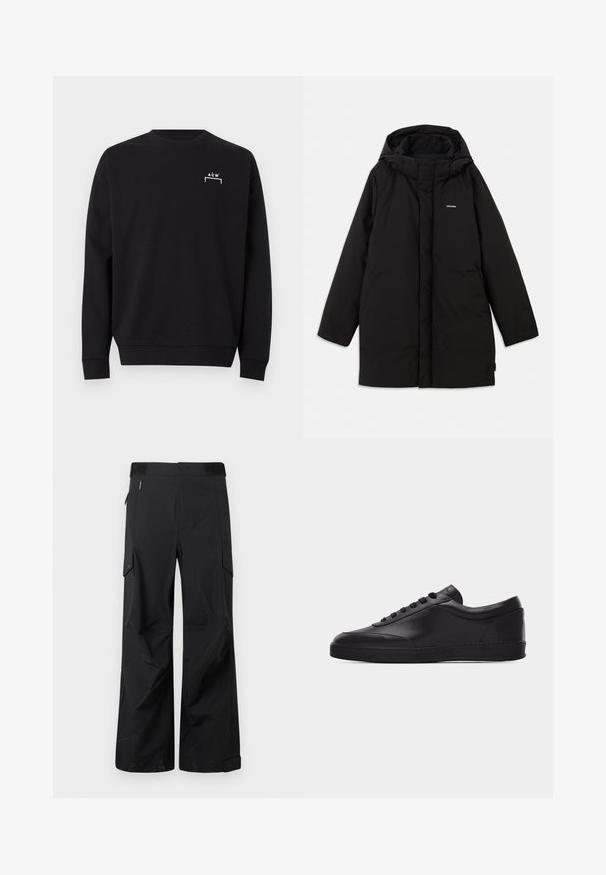 Doudoune noire avec capuche, dotée d'une fermeture éclair à l'avant, de poches latérales et d'un logo discret sur la poitrine. Texture lisse et mate.; Sweat-shirt noir à manches longues col rond avec petit logo blanc "A C W" et motif de crochets sur la partie supérieure gauche de la poitrine.; Pantalons cargo noirs en tissu lisse et résistant à l'eau. Dotés de jambes larges, de multiples poches latérales et d'une taille plate avec un branding subtil.; Baskets basses en cuir noir avec lacets sur le devant et semelle en caoutchouc plate, vues de côté sur un fond blanc uni.