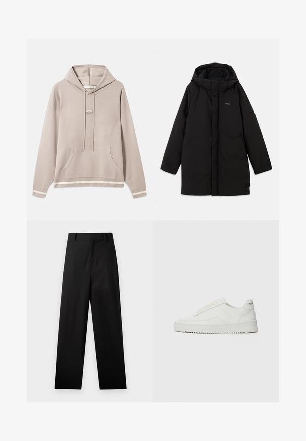 Sort pufferjakke med hætte, der har en frontlynlås, sidelommer og et subtilt logo på brystet. Glat, mat tekstur.; Lys beige hætte sweatshirt med frontlomme, snore, ribbede ærmer og kant med cremefarvede striber, samt et lille broderet logo på brystet.; Sorte bukser lavet af bomuld med lige ben-design, der har en frontknaplukning og sidelommer. Glat tekstur, ingen mønstre.; Hvide lædersneakers med en glat overflade, rund tå, flade snørebånd og en tekstureret sål. Har et diskret logo på hælen.