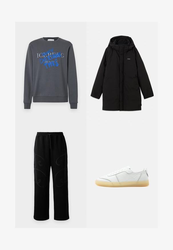 Doudoune noire avec capuche, dotée d'une fermeture éclair à l'avant, de poches latérales et d'un logo discret sur la poitrine. Texture lisse et mate.; Iceberg FELPA - Sweatshirt - grigio scuro; Pantalons de jogging noirs avec une coupe décontractée, présentant des motifs de couture tourbillonnants complexes sur les côtés et une ceinture élastique avec cordon de serrage.; Baskets basses en cuir blanc avec semelle beige translucide, lacets à l’avant et détails de couture minimalistes, vues de côté sur un fond uni.