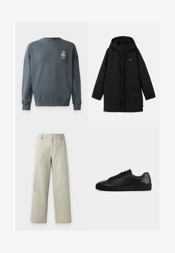 Sort pufferjakke med hætte, der har en frontlynlås, sidelommer og et subtilt logo på brystet. Glat, mat tekstur.; Grå bomulds sweatshirt med rund hals, ribbede ærmer og et lille broderet slange-logo på den øverste venstre bryst. Glat tekstur.; Han Kjøbenhavn WIDE LEG - Bukser - light grey; Sort lavtopet læder-sneaker med sorte snørebånd, tekstureret gummisål og lille præget logo på siden, vist i profil mod grå baggrund.