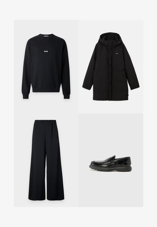 Doudoune noire avec capuche, dotée d'une fermeture éclair à l'avant, de poches latérales et d'un logo discret sur la poitrine. Texture lisse et mate.; Sweatshirt noir en coton mélangé, avec un col rond, des manches longues, des poignets côtelés et un logo MSGM blanc sur la poitrine.; Pantalons larges noirs en tissu en maille texturée. Dotés d'une taille élastique et d'une impression de logo discrète sur le côté.; Mocassin en cuir noir avec une finition brillante, bout arrondi, détails de couture subtils et semelle en caoutchouc épaisse pour la durabilité.