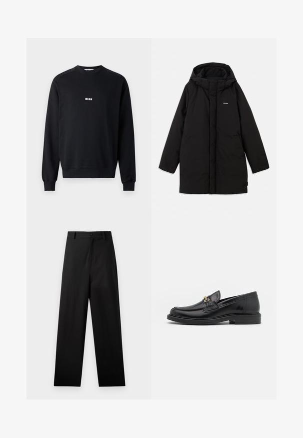 Doudoune noire avec capuche, dotée d'une fermeture éclair à l'avant, de poches latérales et d'un logo discret sur la poitrine. Texture lisse et mate.; Sweatshirt noir en coton mélangé, avec un col rond, des manches longues, des poignets côtelés et un logo MSGM blanc sur la poitrine.; Pantalons noirs en coton avec une coupe droite, dotés d'une fermeture à bouton à l'avant et de poches latérales. Texture lisse, sans motifs.; Mocassins en cuir noir avec un embout rond, présentant des accents en métal doré et des détails de couture, montés sur une semelle en caoutchouc texturé et basse.