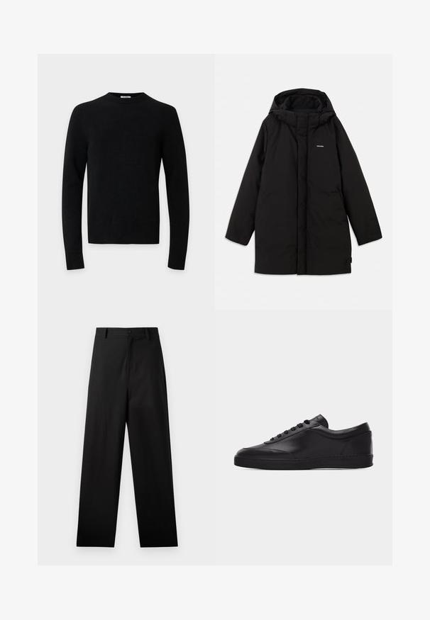 Chaqueta de plumas negra con capucha, con cremallera frontal, bolsillos laterales y un logotipo sutil en el pecho. Textura suave y mate.; Jersey negro de manga larga con cuello redondo, dobladillo y puños acanalados sobre un fondo liso de color gris claro.; Pantalones negros de algodón con un diseño de pierna recta, que cuentan con un cierre frontal de botón y bolsillos laterales. Textura lisa, sin patrones.; Zapatilla baja negra de cuero con cordones en la parte delantera y suela plana de goma, mostrada de perfil sobre un fondo blanco liso.