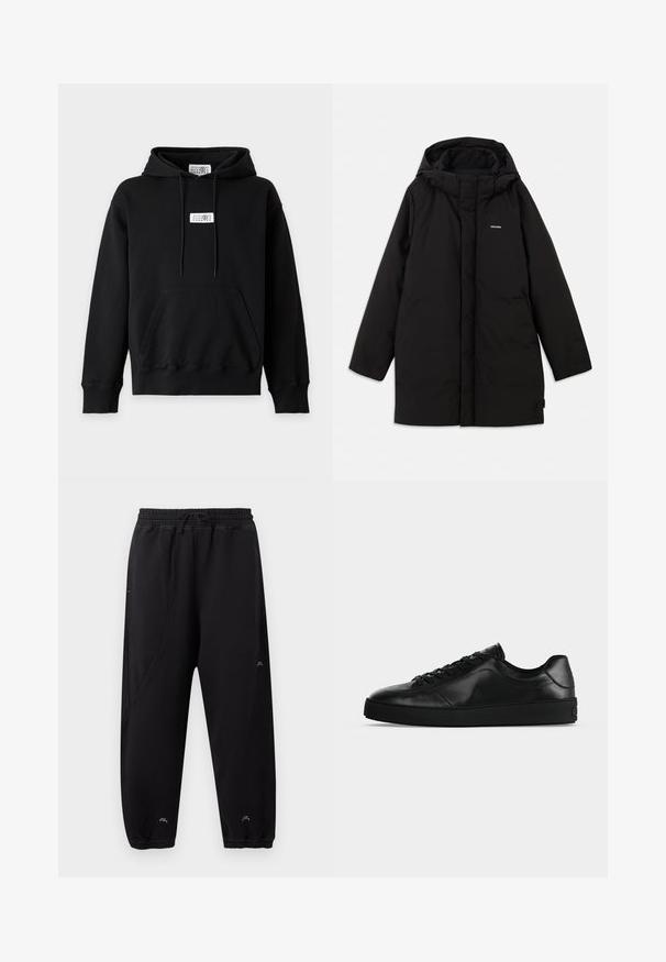 Doudoune noire avec capuche, dotée d'une fermeture éclair à l'avant, de poches latérales et d'un logo discret sur la poitrine. Texture lisse et mate.; Sweat à capuche noir avec poche kangourou sur le devant, cordon de serrage à la capuche et étiquette rectangulaire blanche avec des chiffres centrés sur la poitrine et à l'intérieur du col.; Pantalon de jogging noir avec taille et poignets élastiques, coupe slim, détails de couture discrets et petit logo blanc près des chevilles et de la cuisse.; Sneaker noir en cuir à profil bas avec lacets sur le devant et semelle plate texturée, montré de profil sur un fond neutre.