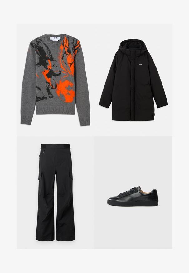 Doudoune noire avec capuche, dotée d'une fermeture éclair à l'avant, de poches latérales et d'un logo discret sur la poitrine. Texture lisse et mate.; Pull en tricot gris avec un design abstrait contrasté en orange et noir. Encolure ronde et poignets et ourlet côtelés. Texture douce.; Pantalons cargo noirs en tissu lisse et résistant à l'eau. Dotés de jambes larges, de multiples poches latérales et d'une taille plate avec un branding subtil.; Baskets en cuir noir avec une texture lisse, bout rond et fermeture à lacets. Comprend une semelle en caoutchouc épaisse et un minimum de détails de marque.