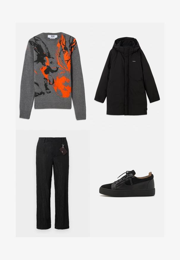 Sort pufferjakke med hætte, der har en frontlynlås, sidelommer og et subtilt logo på brystet. Glat, mat tekstur.; Grå strikket sweater med et kontrasterende orange og sort abstrakt design. Rund hals og ribbede manchetter og kant. Blød tekstur.; Sorte, teksturerede bukser med vide ben, glat overflade og synlige sømme; inkluderer et mærke fastgjort med en sølvhardware løkke.; Giuseppe Zanotti DOUBLE ZIP - Sneakers - black