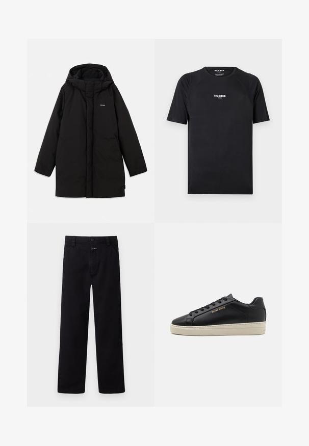 Schwarze Daunenjacke mit Kapuze, vorne mit Reißverschluss, seitlichen Taschen und einem dezenten Logo auf der Brust. Glatte, matte Textur.; Schwarzes T-Shirt mit kurzen Ärmeln aus glattem Stoff, ausgestattet mit einem Rundhalsausschnitt und einem weißen "SILENCE"-Logo auf der Brust.; Schwarze Baumwollhosen mit geradem Bein, ausgestattet mit einem Frontverschluss aus Knopf und Reißverschluss sowie seitlichen Taschen. Einfacher und vielseitiger Stil.; Schwarze Leder-Sneaker mit glatter Oberfläche, kontrastierender cremefarbener Sohle, abgerundeter Spitze, goldfarbenem Logo an der Seite und sechs Ösen für die Schnürsenkel.