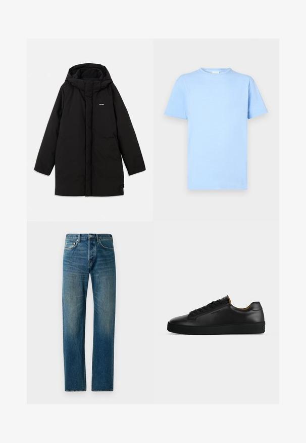 Doudoune noire avec capuche, dotée d'une fermeture éclair à l'avant, de poches latérales et d'un logo discret sur la poitrine. Texture lisse et mate.; T-shirt bleu clair à manches courtes fabriqué en tissu doux. Col rond, ourlet droit et texture minimale. Sans motifs ni accents.; Jeans en denim bleu avec une coupe droite, présentant un style à cinq poches, un léger délavage et des accents de couture contrastants.; Basket basse en cuir noir avec lacets noirs, semelle en caoutchouc texturée et petit logo embossé sur le côté, présenté de profil sur fond gris.