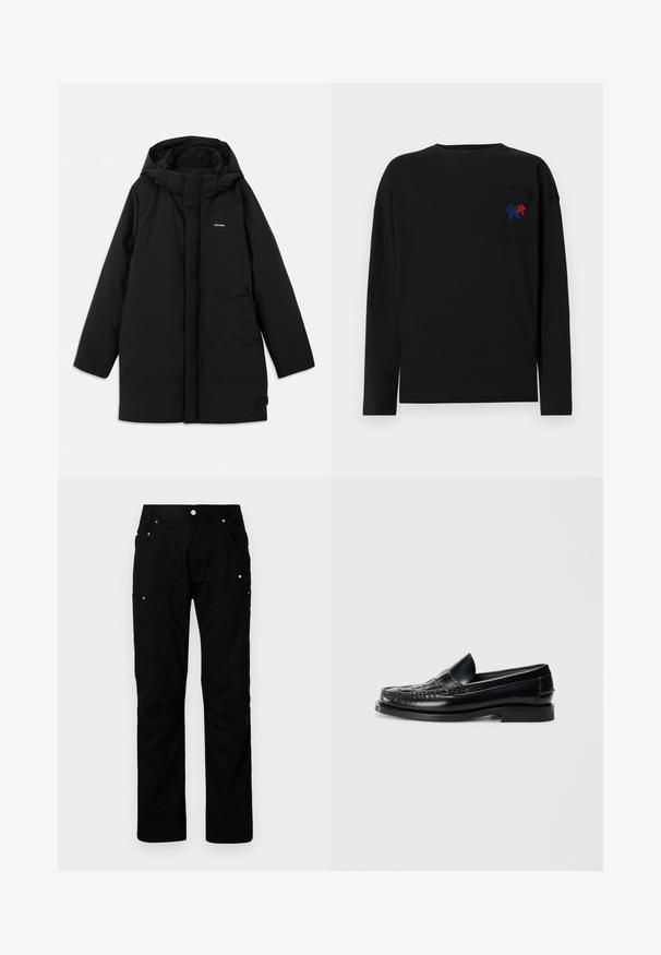 Čierna bundá s kapucňou, ktorá má predný zips, bočné vrecká a nenápadné logo na hrudi. Hladká, matná textúra.; Les Benjamins LONG SLEEVE - Top s dlhým rukávom - black; Čierne cargo nohavice vyrobené z odolného materiálu, vybavené viacerými vreckami, zosilneným švom a kovovými akcentmi pre zvýšenú funkčnosť.; Hereu NOMBELA - Našuchovačky - black