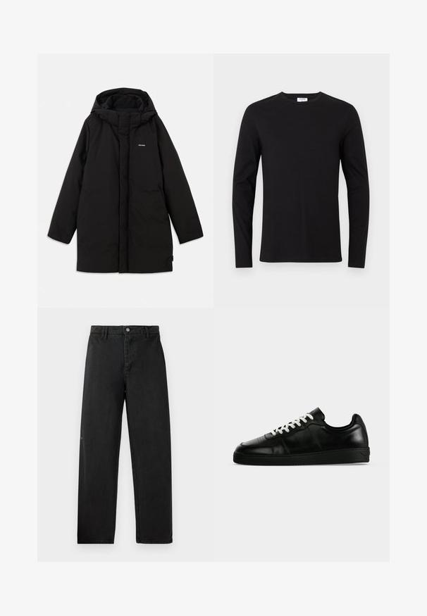Doudoune noire avec capuche, dotée d'une fermeture éclair à l'avant, de poches latérales et d'un logo discret sur la poitrine. Texture lisse et mate.; T-shirt noir à manches longues en coton, doté d'un col rond et d'un design simple sans motifs ni ornements visibles.; Pantalons en denim noir à coupe droite, avec une fermeture à bouton à l'avant et une couture discrète. Texture lisse et branding minimal.; Baskets basses en cuir noir avec lacets blancs, semelle plate noire et détails subtils de couture, visibles de profil sur un fond gris.