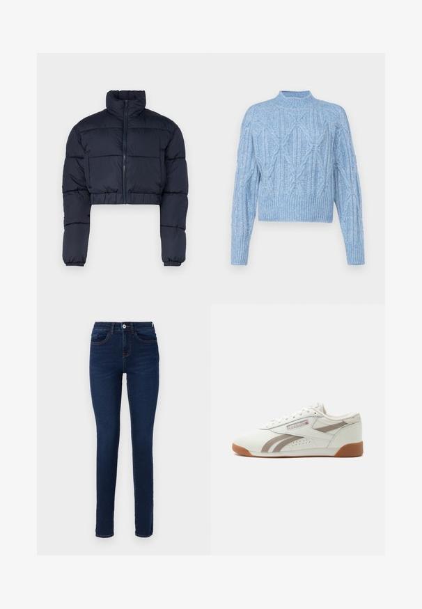 Tumedat sinised lühikesed puhvjakid kõrge kraega, lukuga sulgemine ja elastsed mansetid. Omab õmblustega paneele soojustamiseks.; Vero Moda Petite VMBAILY HIGHNECK - Džemper - allure; Tumedate sinised kitsad teksad, mis on valmistatud denimist, esise nupuga sulgemise, vöökohtade ja peente õmblusdetailidega. Sobivad igapäevaseks kandmiseks.; Valged madala säärega tossud heledate hallide triipude ja kummist taldaga, küljes Reeboki logo Suurbritannia lipuga, esitatud ühevärvilise tausta ees.