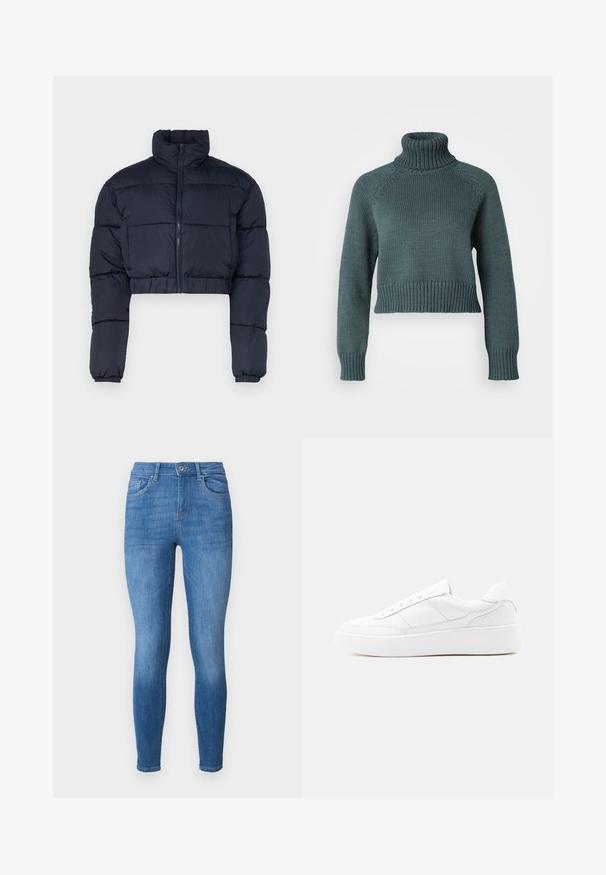 Námornícky modrá skrátená puffrová bunda s vysokým golierom, zipsom a elastickými manžetami. Obsahuje prešívané panely pre izoláciu.; Vero Moda Petite VMMIRANDA - Svetrík - balsam green; Chudé džínsy v stredne modrom denime, s vysokým pásom, piatimi vreckami, jemným členením a jedným gombíkom na zapínanie v oblasti pásu.; Biela nízka teniska s hrubou podrážkou, šnurovacím dizajnom a jemnými detailmi prešitia na jednoduchom svetlom pozadí.