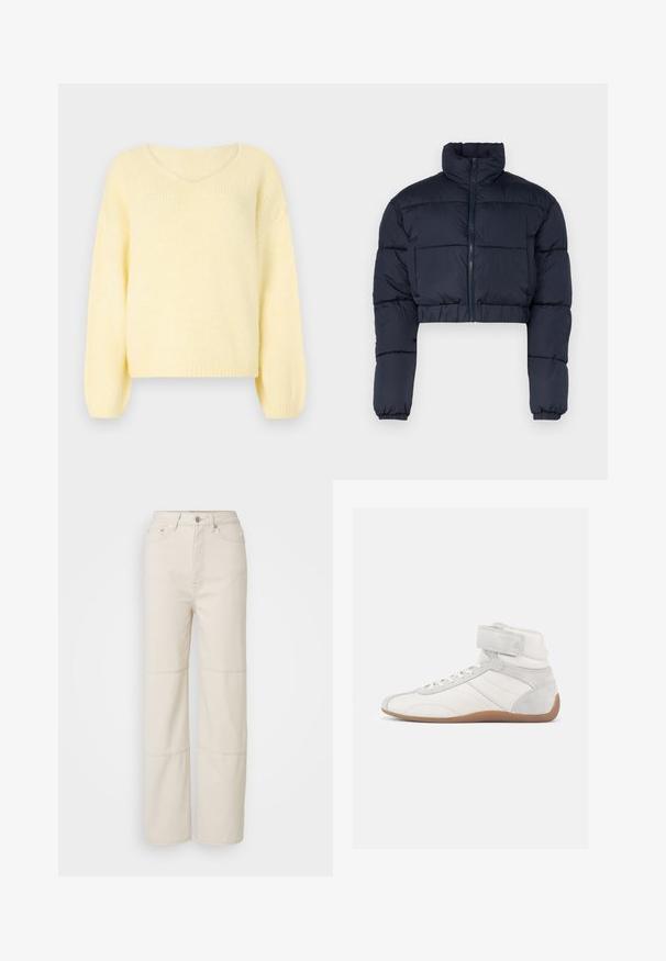 Marineblauwe cropped pufferjack met een hoge kraag, ritssluiting en elastische mouwen. Bevat gestikte panelen voor isolatie.; JDY JDYDINEA L/S REVERSIBLE PULLOV. KNT NOOS - Trui - pastel yellow; Lichtbeige wijde jeans gemaakt van katoen. Heeft een hoge taille, een knoopsluiting aan de voorkant en twee horizontale naadaccenten op de benen.; Hoge sneakers van wit leer en suède met een beige rubberen zool. Voorzien van een vetersluiting en een klittenbandsluiting voor een stevige pasvorm.