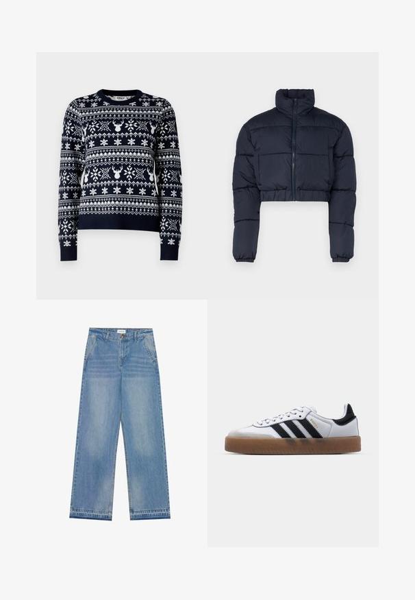 Veste courte en duvet bleu marine avec un col montant, fermeture éclair et poignets élastiques. Comprend des panneaux cousus pour l'isolation.; Pull en maille marine avec des flocons de neige blancs et des motifs de rennes, col rond, manches longues et ourlet côtelé.; Jean large taille haute bleu clair avec fermeture à bouton, poches avant, passants de ceinture et détails légèrement décolorés.; Baskets en cuir blanc avec des rayures noires, semelle extérieure en caoutchouc beige, bout rond, fermeture lacée et embout en suède gris doux.