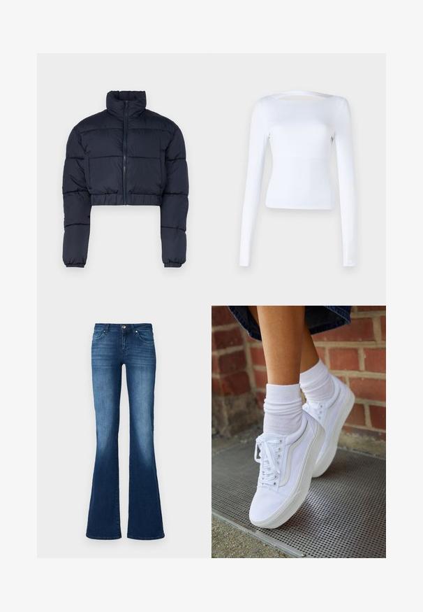 Navy blue cropped puffer jacket with a high collar, zip closure, and elastic cuffs. Features stitched panels for insulation.; White long-sleeve top with a square neckline and cutout detail at the back. Made from a smooth, stretchy fabric. Fitted design.; ONLY Tall Flared fit ONLTIGER Low waist Wide Leg - Flared Jeans - dark blue denim; White canvas sneakers with rubber soles, featuring six eyelets, round toe, and light stitching details, paired with white ankle socks.