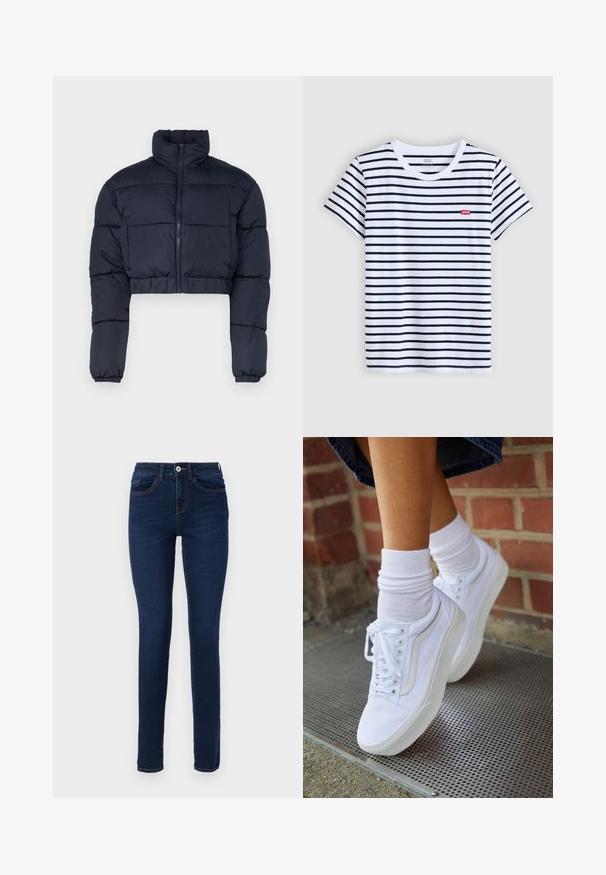 Μπλε ναυτικό cropped puffer μπουφάν με ψηλό γιακά, φερμουάρ και ελαστικές μανσέτες. Διαθέτει ραμμένα πάνελ για μόνωση.; Λευκό μπλουζάκι με κοντά μανίκια και οριζόντιες ναυτικές ρίγες, στρογγυλή λαιμόκοψη και μικρό κόκκινο λογότυπο Levi's στο αριστερό στήθος. Μαλακό βαμβακερό υλικό.; Σκούρες μπλε σκιερές τζιν παντελόνες από denim, με κλείσιμο μπροστά με κουμπί, θηλιές ζώνης και διακριτές λεπτομέρειες ραφής. Ιδανικές για καθημερινή χρήση.; Λευκά καμβά παπούτσια με καουτσούκ σόλες, που διαθέτουν έξι τρυπούλες, στρογγυλή μύτη και λεπτομέρειες από ελαφριά ραφή, σε συνδυασμό με λευκές κάλτσες μέχρι τον αστράγαλο.