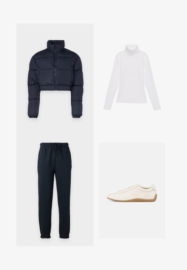 Veste courte en duvet bleu marine avec un col montant, fermeture éclair et poignets élastiques. Comprend des panneaux cousus pour l'isolation.; Haut à col roulé à manches longues blanc, fabriqué en tissu lisse et extensible. Il présente un col haut et une coupe ajustée, sans motifs ni embellissements visibles.; Pantalon de survêtement noir avec taille élastique, cordon, poches latérales et poignets élastiques aux chevilles.; Baskets en cuir blanc à texture lisse, bout arrondi et coutures ton sur ton. Elles comportent une semelle en caoutchouc beige et une fermeture à lacets.