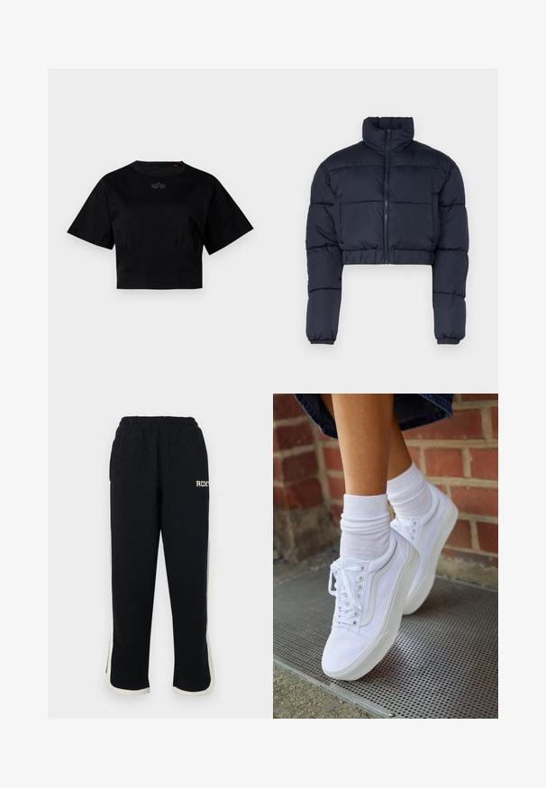 Veste courte en duvet bleu marine avec un col montant, fermeture éclair et poignets élastiques. Comprend des panneaux cousus pour l'isolation.; T-shirt noir court en coton. Il possède des manches courtes et un décolleté rond. Inclut un détail logo discret sur la poitrine.; Pantalons de survêtement noirs avec une taille élastique, des rayures blanches sur les côtés et un petit logo à l'avant. Fabriqués dans un tissu doux et texturé.; Baskets en toile blanches avec semelles en caoutchouc, dotées de six œillets, d'un bout rond et de détails de couture légers, portées avec des chaussettes blanches mi-mollet.