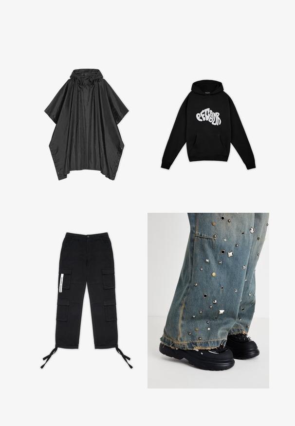Čierny pončo vyrobený z ľahkého, vodeodolného materiálu. Obsahuje kapucňu, voľný strih a patentky na bokoch. Hladká textúra.; Pegador PALUMA OVERSIZED HOODIE - Mikina - black; Pegador TANAMI WIDE PANTS - Kapsáče - black; Džínsy s rozšírenými nohavicami, s kovovými hrotmi a očkami. Roztrhnutý lem a viditeľné vrecká. Nosené s robustnými čiernymi topánkami so hrotmi.