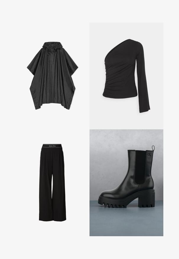 Sort poncho lavet af letvægts, vandafvisende materiale. Har hætte, løs pasform og trykknaplukninger på siderne. Glat tekstur.; Asymmetrisk langærmet top i sort, med en sammensamlet side for tekstur og en tætsiddende silhuet. Lavet af blødt, strækbart materiale.; Sorte bukser med vide ben lavet af et blødt stof, med en kontrastfarvet talje med hvide bogstaver og plisseringsdetaljer foran.; Sort læder ankelstøvle med rund tå, kraftig platformssål og mesh-sidede accenter. Har en trækflig for nem påtagning.